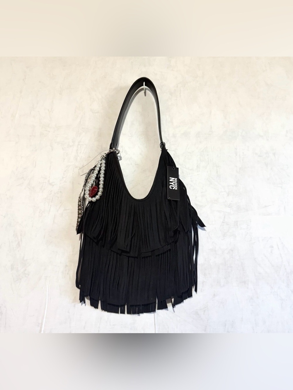 Madden NYC Women's Fringe Hobo Bag w/ Keychains, Black NEW WITH TAG - Picture 4 of 7